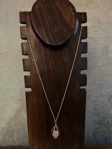 Long Gold Necklace, Rose Quartz Pendant
