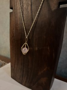 Long Gold Necklace, Rose Quartz Pendant