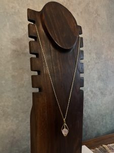 Long Gold Necklace, Rose Quartz Pendant