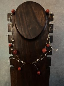 Gold Necklace, Red Stones, Pearls