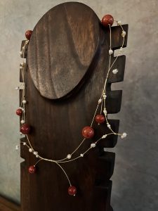 Gold Necklace, Red Stones, Pearls
