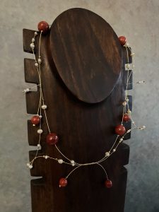 Gold Necklace, Red Stones, Pearls