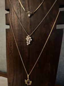 Gold Necklace, Pearls and Diamond pendant in shape of grapes.